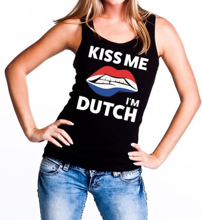 Kiss me I am Dutch tanktop / mouwloos shirt zwart dames - feest shirts dames - Holland kleding S