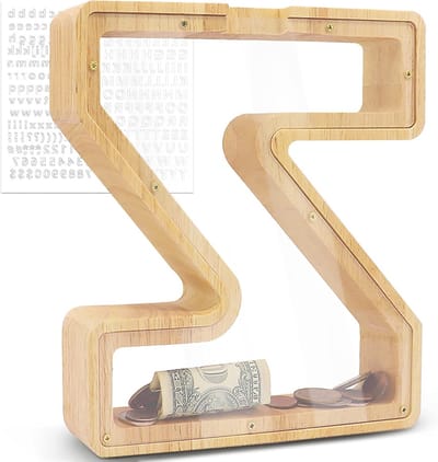 Grote Houten Spaarpot met Letters, Aanpasbaar en Transparant, 23 x 4 x 23 cm, Creatieve Spaarpot voor Kinderen, Verjaardagscadeau en Huisdecoratie