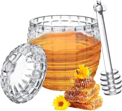 Transparante glazen honingpot met deksel, honinglepel en houder voor het serveren van honing en siroop - 240ml capaciteit, ideaal voor keuken en tafelgebruik