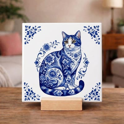 Delftsblauw Tegeltje 11x11 Kat – Origineel Cadeau voor Kattenliefhebber