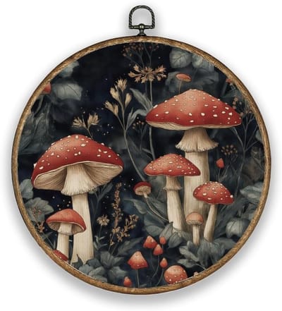 Botanische ronde muurschildering met vintage paddenstoelen in houten lijst - Canvasprint voor tuin en balkon, mystieke planten wanddecoratie, diameter 26 cm