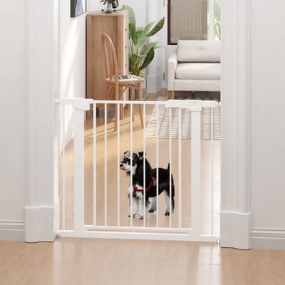 MIVRAY Hondenhek - Verstelbare Breedte 75-96 cm - Staal - Wit - Montage Zonder Boren Voor Deuropeningen En Trappen - Automatisch Sluiten