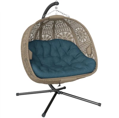 Egg Hangstoel met Standaard & Afneembaar en Wasbaar Kussen - Egg Chair voor 2 Personen - Stalen Frame - Opvouwbare Hangschommel - Schommelstoel - Tuinstoel - tot 240 kg - voor Binnen / Buiten - voor Tuin, Terras, Balkon - Zand + Zwart