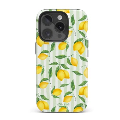 VivaLora Tough Telefoonhoesje iPhone 14 Pro met MagSafe - Citrus Stripes Print - 2-in-1 Phone Case - Hard Case & Siliconen Back - Citroenen Dessin - Extra Bescherming - Shockproof - Geel/Groen
