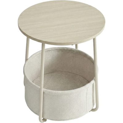 Ochama Bijzettafel, Ronde Bijzettafel met Stoffen Mand, voor Woonkamer Slaapkamer, Nachtkastje, Moderne Stijl, Beige