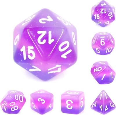 Polyset Dice | Dobbelstenen - Set Van 7 Stuks - Paars Glitters Wit | Voor D&D en Andere Rollenspellen | Plastic Dobbelstenen Set voor Dungeons and Dragons | Polyhedral Dice Set | Met Mooie Zwarte Velvet Dice Bag voor Ongeveer 3 Sets