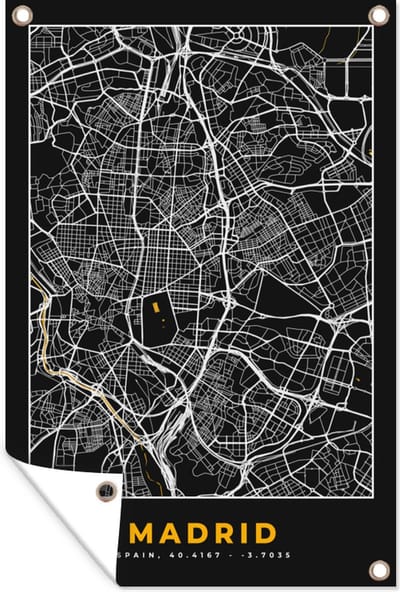 Muurdecoratie Madrid - Goud - Plattegrond - Stadskaart - Kaart - 120x180 cm - Tuinposter - Tuindoek