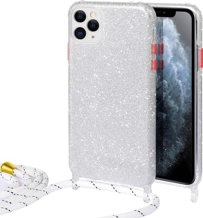 HB Hoesje Geschikt voor Apple iPhone 12 Pro Max - Zilver - Glitter Back Cover met Koord