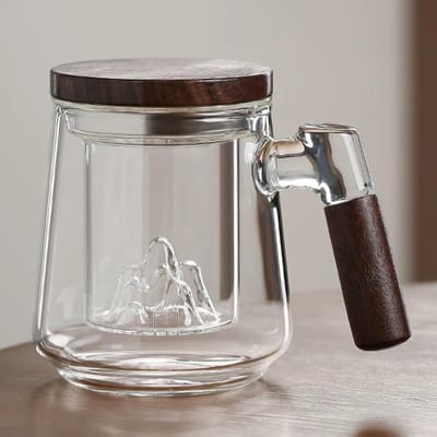 Grote Glazen Theekop met Deksel en Zeef, 500ml, Houten Handvat, Perfect voor Losse Thee en Theeliefhebbers