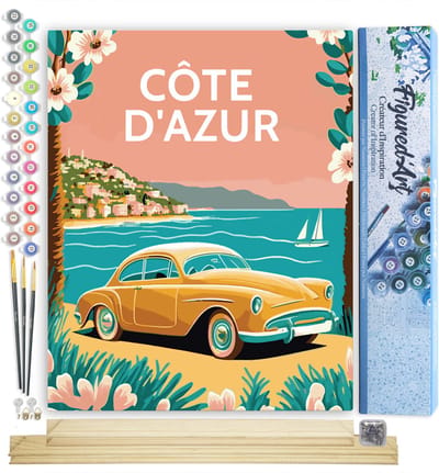 Figured'Art Schilderen op Nummer Volwassenen canvas Reisposter Côte d'Azur- Handwerk acrylverf Kit DIY Compleet - 40x50cm met DIY houten lijst
