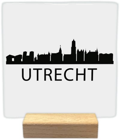 Utrecht skyline - Keramische decoratie tegel - incl. houten presenteerblok