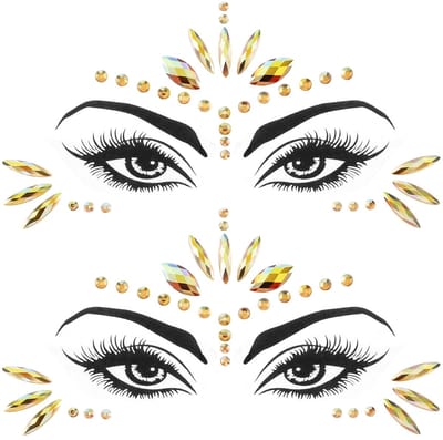 2 stuks Zeemeermin-edelstenen gezichtsstick, strass glitterstenen gezicht, edelstenen tijdelijke tatoeages, zelfklevende juwelenkristallen, strass voor carnaval zomerfeest make-up festival (goud)