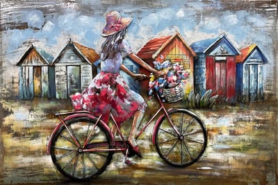 Home - 3D art Metaalschilderij - Wanddecoratie - Meisje op de Fiets - Zee Kust - Handgeschilderd - 120x80 cm - woonkamer slaapkamer