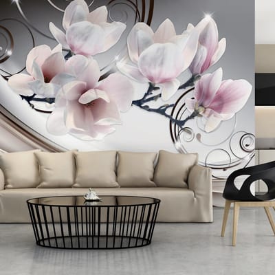 98cm X 70cm - Zelfklevend fotobehang - Schoonheid van Magnolia, roze/wit/grijs, 8 maten, premium print, geen lijm nodig, instructie bijgesloten, water- en UV bestendig