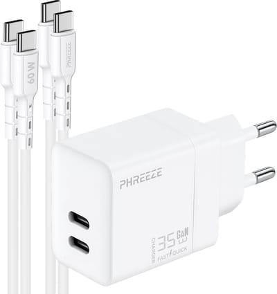 Phreeze usb C adapter 35w - Power Delivery snellader met 2x usb C naar usb C kabels 1 meter