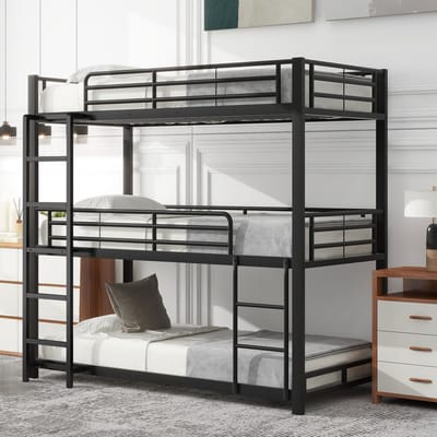 KOMHTOM Drievoudig stapelbed - Metalen bedframe - 90 x 200 cm - Voor kinderen, jongeren en volwassenen - Zwart