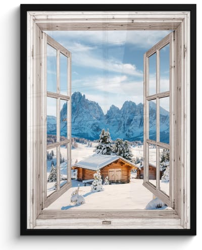 Poster in lijst - Fotolijst 50x70 cm - Posters - Winterlandschap - Huisje - Bergen - Uitzicht - Doorkijk - Natuur - Posterlijst zwart - Decoratie - Wanddecoratie woonkamer - Muurdecoratie slaapkamer