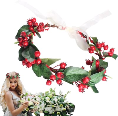 Bloemenkrans Hoofdband - Bessen Krans - Feestelijke Accessoires - Handgemaakte Details - Diameter 18cm - Rood