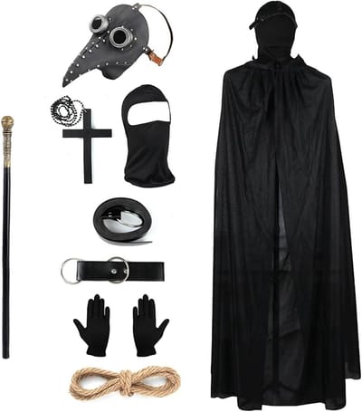 Retro leren vogelmasker en gothic pestdoktersmasker met volledige gezichtsmasker, zwarte capuchon, handschoenen en accessoires voor Halloween cosplay en verkleedpartijen