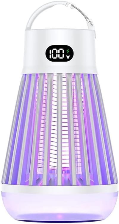 Muggenstekker-Muggenlamp -Zilverkleurige draagbare muggenverjager - voor binnen en buiten - Draadloze oplaadbare muggenmepper - Haak - Vliegenval - Insectenval - Muggen en andere insecten - Wit - 19,5 x 10,3 cm