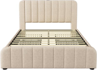 Polsterbett 160x200 cm, gepolstertes Kopfteil mit goldenen Zierstreifen, USB Typ-C Ladefunktion, Beige Leinen-Material, 4 Schubladen, Belastbarkeit 200 kg