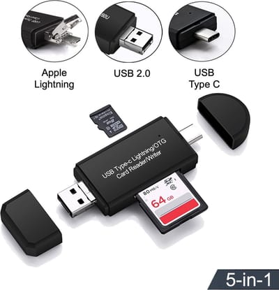 Femur 5-in-1 SD Kaartlezer USB voor Micro SD kaart - SD kaart - Geschikt voor Telefoon, PC en Tablet met USB-C, USB 3.0 en Apple Lightning aansluiting