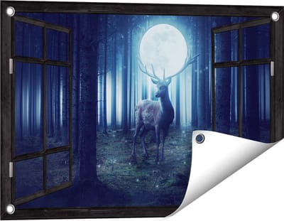 Gards Tuinposter Doorkijk Hert in het Bos tijdens Volle Maan - 60x40 cm - Tuindoek - Tuindecoratie - Wanddecoratie buiten - Tuinschilderij