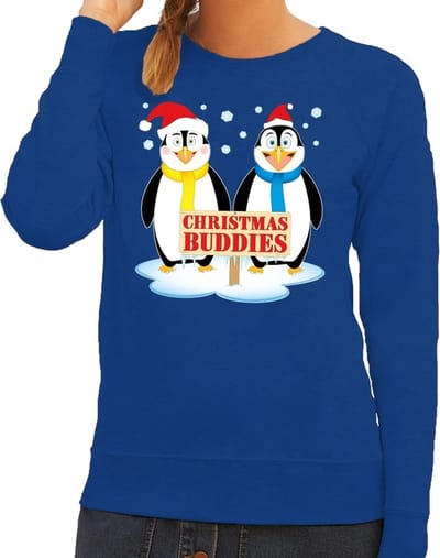 Bellatio Decorations Foute kersttrui - sweater - pinguin vriendjes - blauw - voor dames - Kersttruien XS