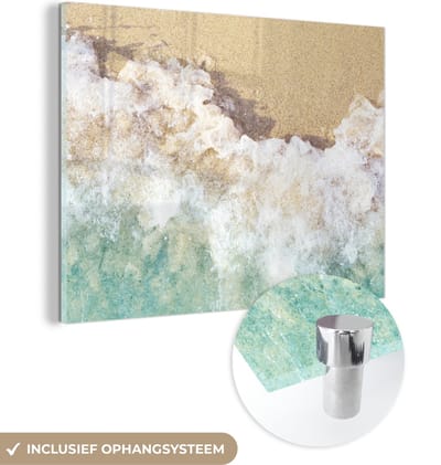 MuchoWow® Glasschilderij 120x90 cm - Schilderij acrylglas - Golf - Strand - Zee - Water - Foto op glas - Schilderijen