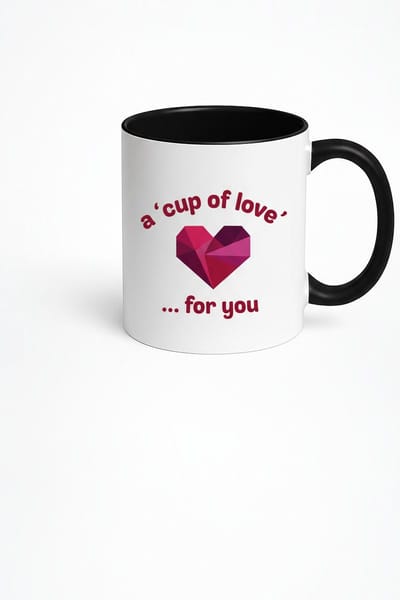 Mok 'A Cup of Love' met Geometrisch Hart | Witte Beker met Zwart Handvat - Liefdescadeau