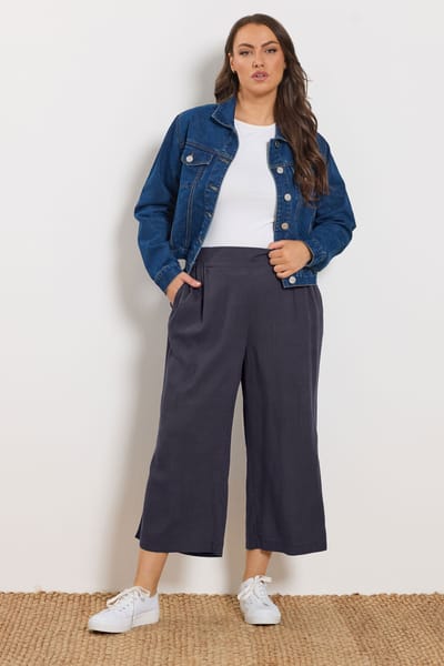 Yours Cropped Broek Van Linnenmix Met Wijde Pijpen In Donkerblauw Size 42