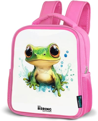 NoBoringSuitcases.com® - Rugzak roze - Schooltas meisjes - Groene kikker met grote ogen op witte achtergrond - Kinder rugtas meisje - Boekentas kind - Kinderrugzak voor school - Schoolrugzak