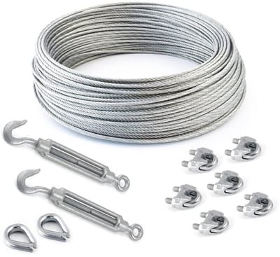 DQ-PP STAALKABEL SET 5 - 10 mm 6x37 Zacht - 10 meter - Gegalvaniseerd Staal - 2x Kousen 10 mm - 2x Spanschroef Haak-oog M10 - 6x Kabelklemmen Beugel 10 mm - Staalkabel voor Klimhulp Kabel Staal