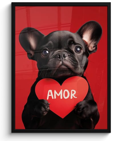 Poster in lijst - Fotolijst 50x70 cm - Posters - Amor - Hond - Hartje - Rood - Posterlijst zwart - Decoratie - Wanddecoratie woonkamer - Muurdecoratie slaapkamer