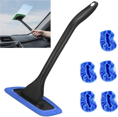 Autoruitenreinigerset met spuitfles - Afneembare handgreep Autoglasreinigingstool met 5 herbruikbare microvezeldoekjes - Draagbare autoruiten- en spiegelreiniger