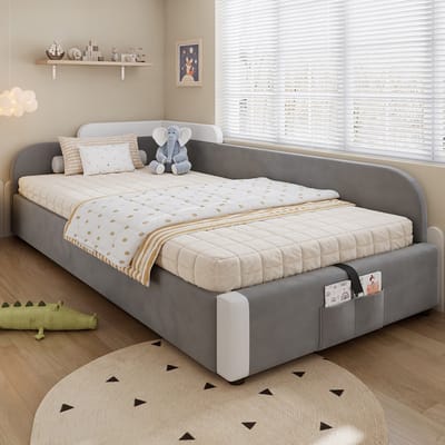 Gutent-Gestoffeerd bed 90x200 cm-Hoog zacht hek-Opbergtas aan het voeteneinde van het bed-Rechts zijpaneel-Grijs