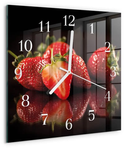Tulup Wandklok - Aardbeien Glazen Wandklok Design - 30x30 cm - Rood Klok Glas Met Opdruk - Witte Handen - Vierkante Wandklok - Klok Glas Met Opdruk - Moderne Wandklok Glas