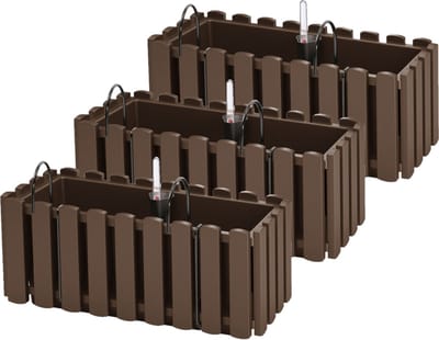 Fence-look plantenbak - 3x - kunststof - 38 x 18 x 16 cm - bruin - hangend - bloembak