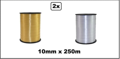 2x Krullint goud en zilver 10mm x 250meter - krul lint thema feest decoratie kado kado gold verjaardag