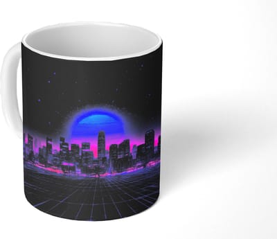 Mok - Koffiemok - Skyline - Zon - Neon - Rasterpatroon - Mokken - 350 ML - Beker - Koffiemokken - Theemok