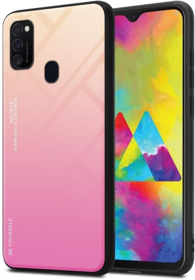 Cadorabo Hoesje geschikt voor Samsung Galaxy M21 / M30s in GEEL - ROZE - Tweekleurige beschermhoes van TPU-silicone Case Cover en achterzijde van gehard glas