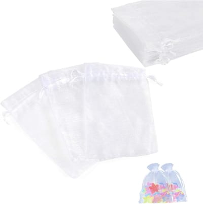 Organza Tassen Set van 50 Stuks, 10 x 15 cm, Witte Cadeautassen voor Trouwen, Sieraden en Chocolade, Beschermende Tassen met Trekkoord