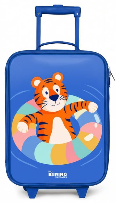 NoBoringSuitcases.com® - Kinderkoffer blauw - Kindertrolley jongen - Tijger - Zwemband - Water - Koffer kind lichtgewicht - Reiskoffer trolley voor kinderen - Koffertje met lichtgevende wieltjes - Rolkoffer