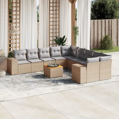 vidaXL - 11-delige - Tuinset - met - kussens - poly - rattan - beige