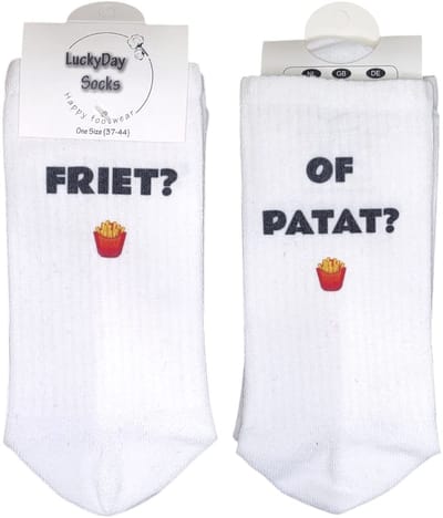 LuckyDay socks- Festival sokken - Trendy nu - Beste verkocht - Verjaardag cadeau - Vrolijke sokken - Witte sokken - Tennis sokken - Sport sokken - Party sokken - Sokken met tekst - Friet of patat - Grappige sokken - Mismatch sokken - Maat 37-44