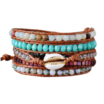 Marama - wikkelarmband Golden Shell - bruin leer - Ibiza armband - 5x om je pols - 83 cm - cadeautje voor haar