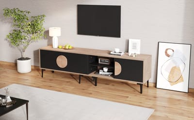 REDOM TV-meubel 180 x 35 x 49 cm van spaanplaat en zwart frame, donker walnoot en open vakken design