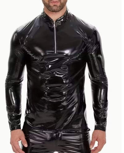 BamBella® - Shirt - Maat S/M - zwart Heren goth gothic sexy Glans kleding mix van Latex en stof Datex