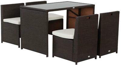 Tuinset - 5-delige Zitgroep - met 1 Tuintafel & 4 Stoelen met Kussens - Tuinmeubelset voor 4 Personen - Tuintafelset - Tuin Eetset - Diningset - Zitset van Polyrattan - Weerbestendig - Loungeset - Eethoek - voor Terras, Balkon, Tuin - Bruin + Khaki