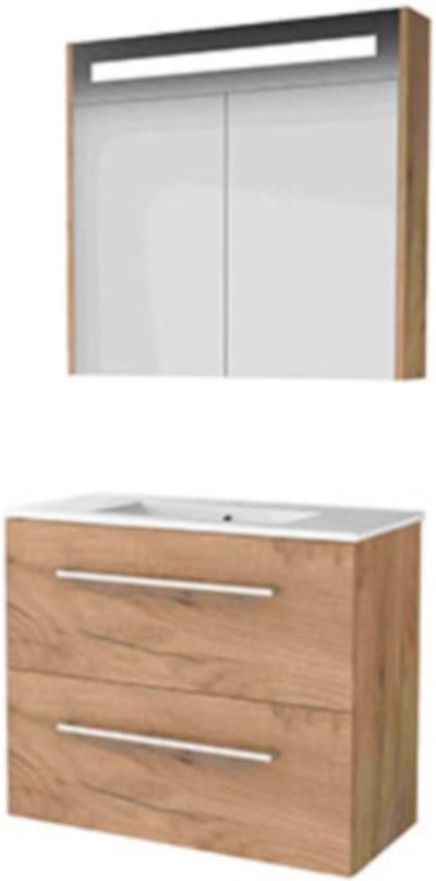 Basic-Line Premium 39 Badkamermeubelset - Ondiep - 80 x 39 cm - Met Grepen - 2 Lades - Keramische Wastafel - 1 Kraangat - Spiegelkast met LED Verlichting - Whisky Oak